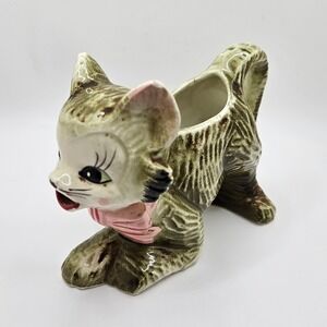Vintage Ceramic Cat Creamer or Planter Pink Bow Green Tabby Kitten Vase  5"